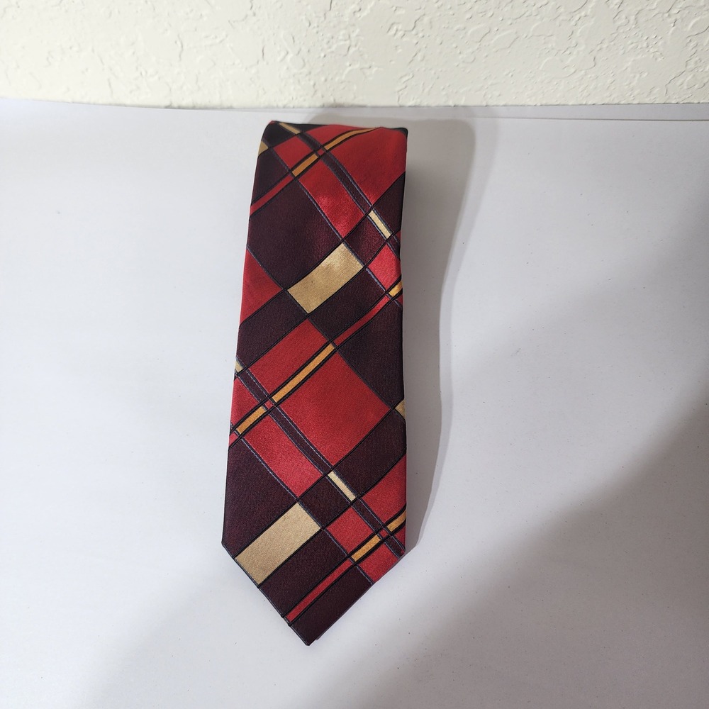 Feraud Paris Mens Silk Tie Red Burgundy Gold Plaid Made in Germany Necktie